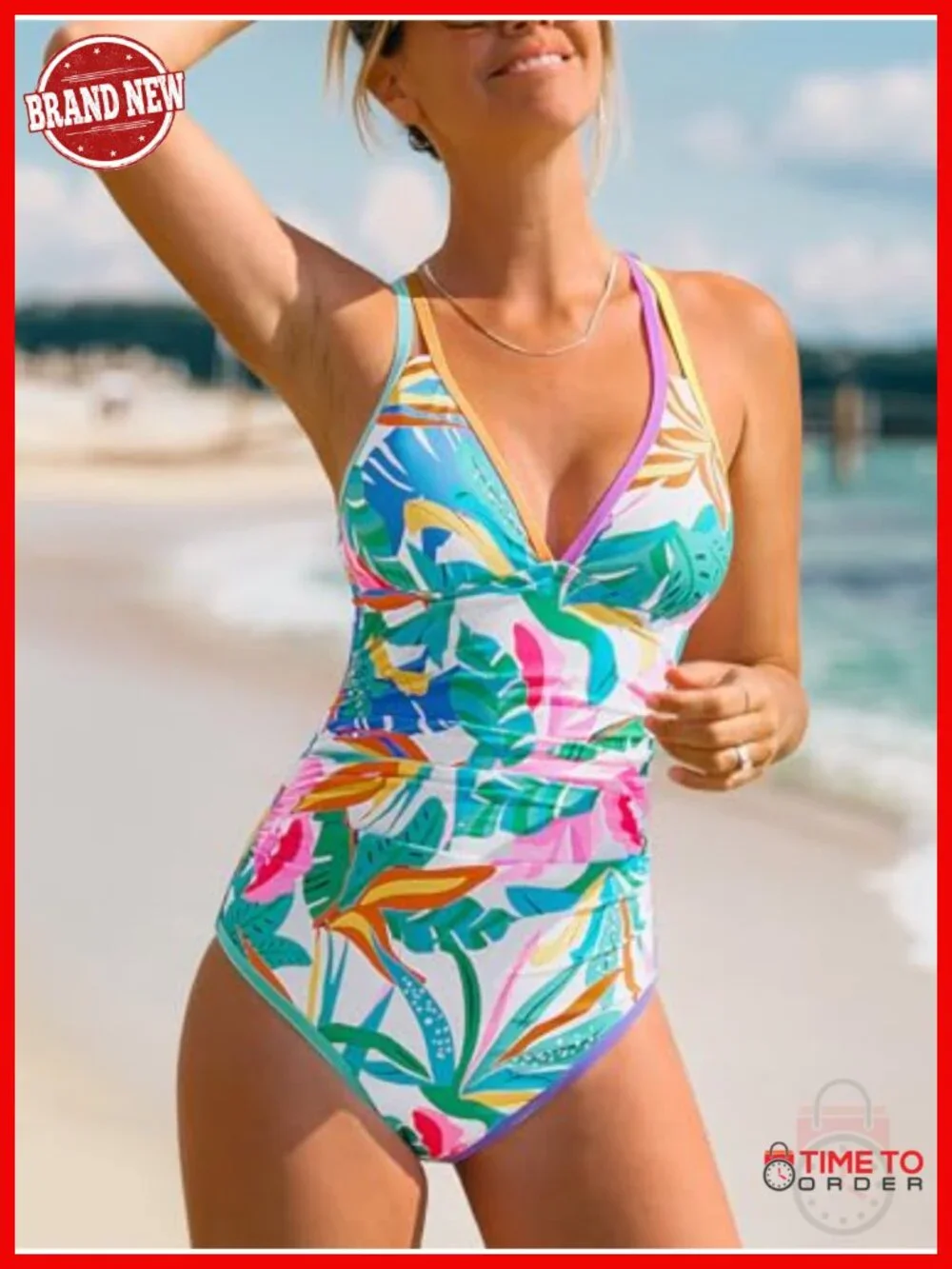 V-Neck Crisscross Back Cut Out Color Block Ruched One Piece Swimsuit